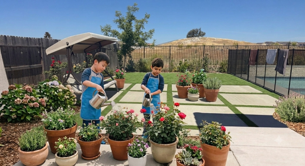 Preschool children watering plants in the garden