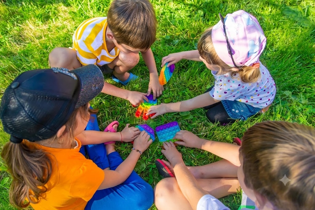 Children sitting together outdoors on the grass playing with sensory pop-it toys